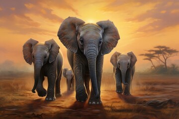 Fototapeta na wymiar elephants at sunset. ai generative