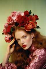 Naklejka premium portrait of a woman/model/book character surrounded by flowers in warm daylight with a thoughtful expression in a fashion/beauty editorial magazine style film photography look - generative ai art
