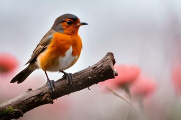 Fototapeta premium Funny Robin bird bird sit on a branch in a spring, birds in nature, Generative AI