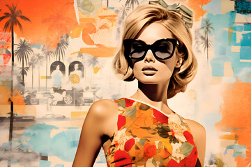 Fototapeta premium Young fashion woman wearing 60s retro style dress, sunglasses. Summer travel themes collage.
