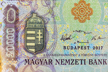 Here is close-up view of 20,000 forint cash banknote, which represents Hungarian currency.