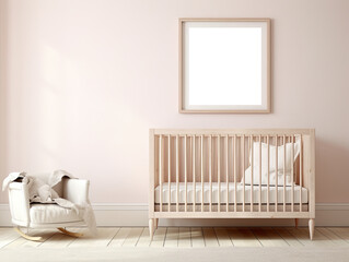 A baby's room with a crib and rocking chair. Generative AI. Empty frame on a wall mockup.