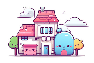 Naklejka premium Kawaii beautiful houses, buildings sticker image, in the style of kawaii art, meme art, isolated white background PNG