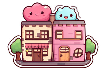 Naklejka premium Kawaii beautiful houses, buildings sticker image, in the style of kawaii art, meme art, isolated white background PNG