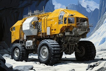 A large yellow truck driving through a rocky area. Generative AI.