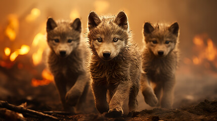 A group of wolf pups running through a forest. Generative AI. Wild animals escape forest fire.