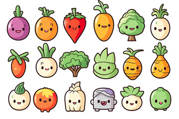 Kawaii beautiful vegetables sticker image, in the style of kawaii art, meme art, isolated white background PNG