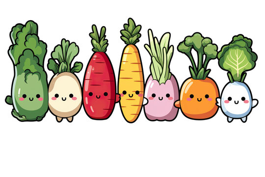 Kawaii beautiful vegetables sticker image, in the style of kawaii art, meme art, isolated white background PNG
