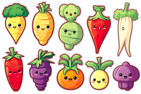 Kawaii beautiful vegetables sticker image, in the style of kawaii art, meme art, isolated white background PNG
