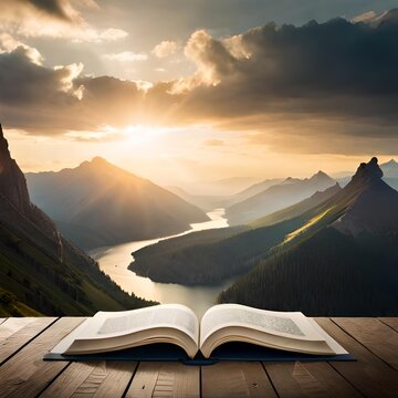 Quran with a mountain background and a beautiful view of the area complete with mosques, cultural and religious atmosphere in the Middle East. Concept generative Ai