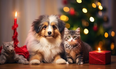 Fototapeta na wymiar Dog and cat celebrating christmas 