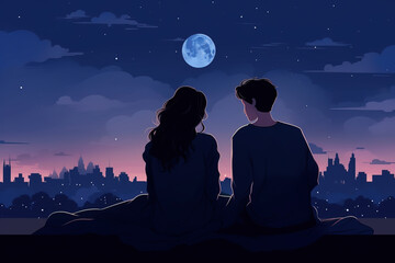 Cute romantic couple looking at the night city and moon.	