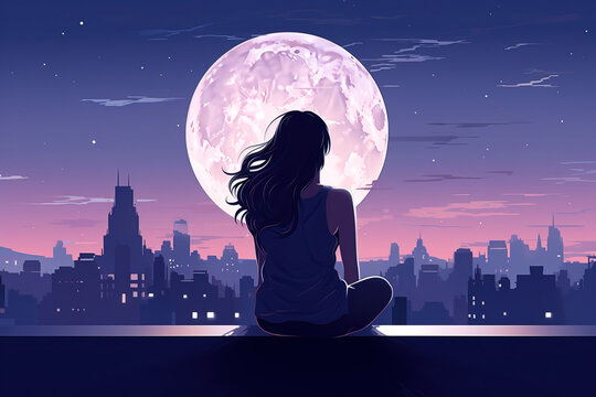 Lonely anime girl sitting on roof and looking at the night city and moon.	