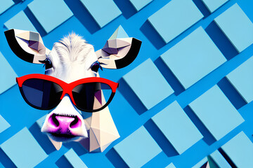 Funny cow with sunglasses in front of blue studio background. Generative AI.
