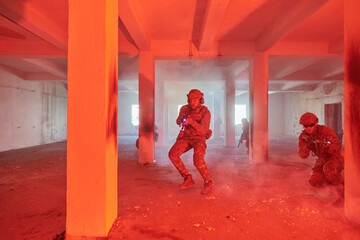  A group of professional soldiers bravely executes a dangerous rescue mission, surrounded by fire...