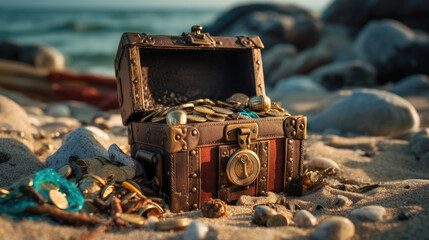 The treasure chest on the beach with sunlight