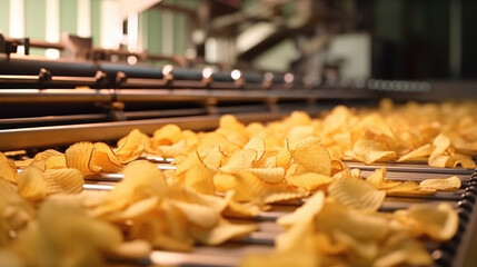 Naklejka na ściany i meble Chips on converter belt, potato chips packaging, line for the production and packaging of potato chips
