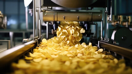 Chips on converter belt, potato chips packaging, line for the production and packaging of potato chips