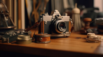 A vintage camera on the desk