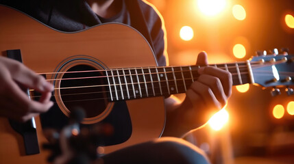 Fototapeta na wymiar Close-up of a singer playing guitar in music studio