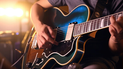 Fototapeta na wymiar Close-up of a singer playing guitar in music studio
