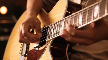 Fototapeta premium Close-up of a singer playing guitar in music studio