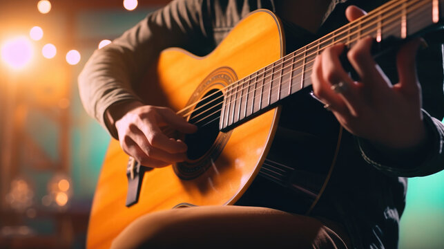 Close-up of a singer playing guitar in music studio - Powered by Adobe