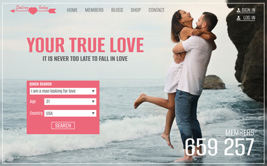 Design of interface for online dating site. Home page with photo of happy couple and tabs - obrazy, fototapety, plakaty