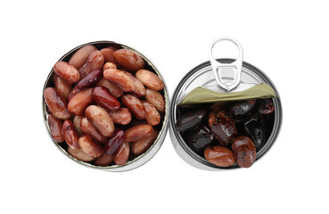 Tin cans with different kidney beans on white background, top view