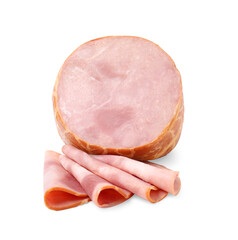 Half of delicious ham and slices isolated on white