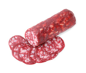 Delicious cut smoked sausage isolated on white, top view