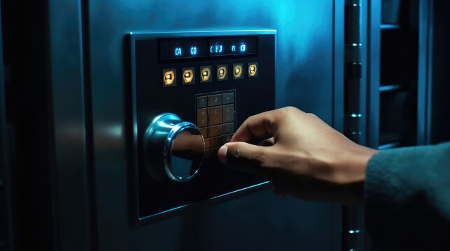 Close-up of a hand placing a random code into a security safe with a digital keypad lock