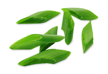 Chopped fresh green onions on white background