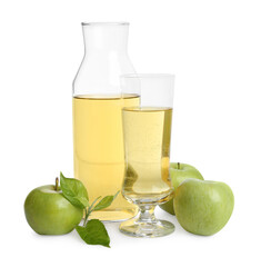 Delicious cider and green apples isolated on white