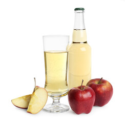 Delicious cider, whole and cut red apples isolated on white