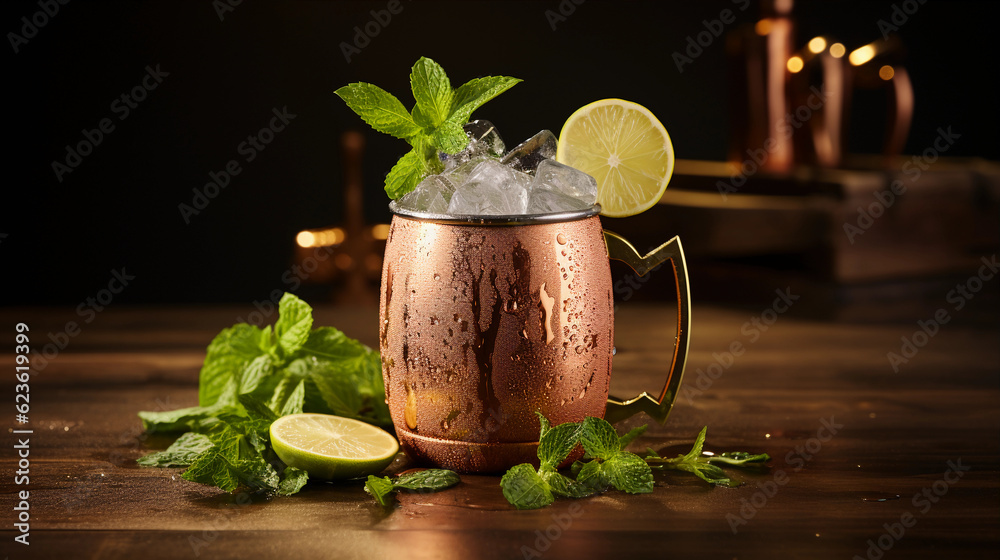 Wall mural Tasty Moscow Mule with Vodka Ginger Beer Lime Juice Cucumber served on a table top ultra detailed studio lights on dark  background product photo for restaurant generative ai