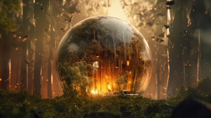 a big crystal ball full of green trees with nature and life inside the crystal vola, in the middle of a post-apocalyptic burning world, 4k, qhd, hyper-realistic, full of details