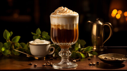 Tasty Irish Coffee with Whiskey Coffee Sugar Cream served on a table top ultra detailed studio lights on dark  background product photo for restaurant generative ai