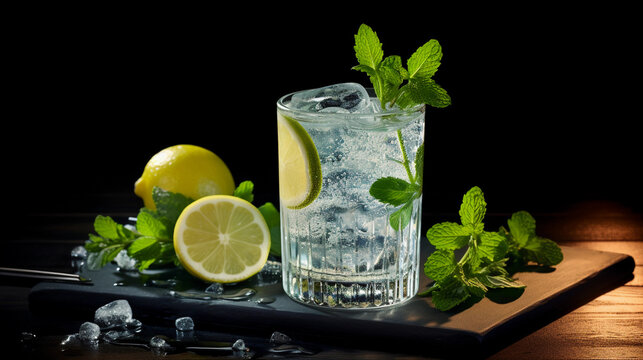 Tasty Gin and Tonic with Gin Tonic Water Lime Ice Cubes served on a table top ultra detailed studio lights on dark  background product photo for restaurant generative ai