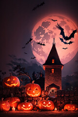 Halloween background with pumpkin and bats generative ai illustration.