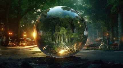 a big crystal ball full of green trees with nature and life inside the crystal vola, in the middle of a post-apocalyptic burning world, 4k, qhd, hyper-realistic, full of details