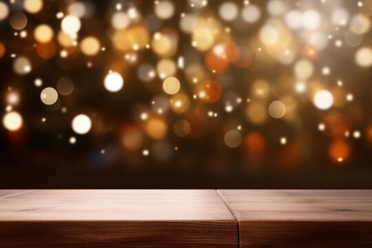 Empty woooden table top with abstract warm living room decor with christmas tree string light blur background 