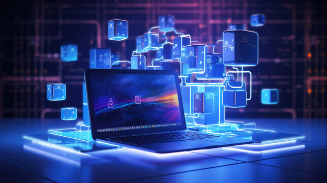 Blockchain Developer: Data Server, Blockchain Network And Live Analysis Charts Displayed On Computers And Big Digital Screens. Concept Of Cyber Security.