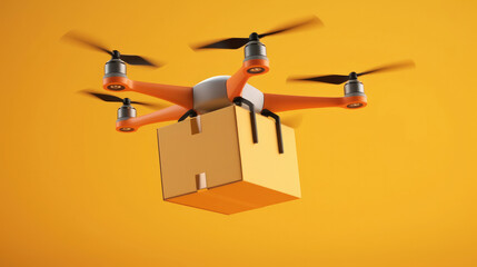 Obraz premium Drone carrying delivery box. Fast and mass transportation concept, new technologies, quarantine delivery,