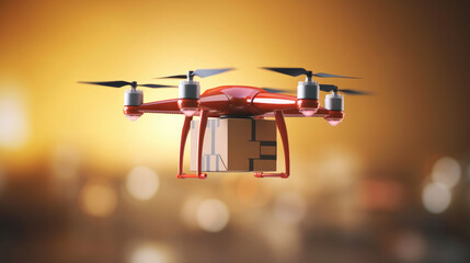 Drone carrying delivery box. Fast and mass transportation concept, new technologies, quarantine delivery,