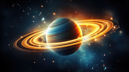 Planet Saturn in a black sky full of stars, - obrazy, fototapety, plakaty
