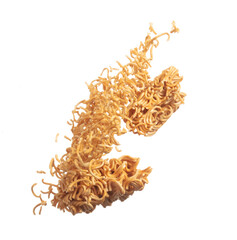 Instant Noodle fly explosion, yellow instant noodle float explode, abstract cloud fly. Curved dried instant noodles splash throwing in Air. White background Isolated high speed shutter, freeze motion