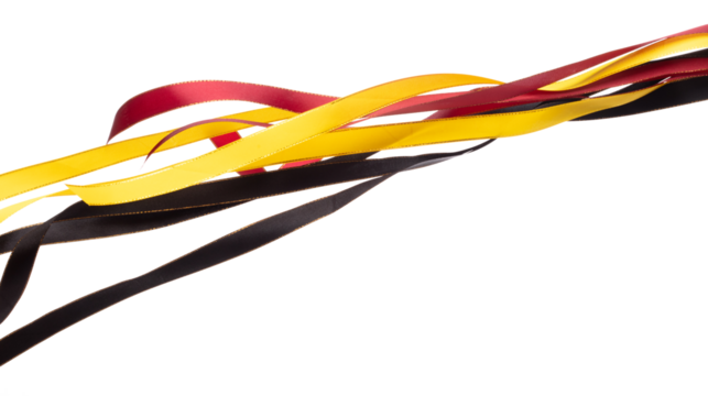 Black gold red ribbon long straight fly in air with curve roll shiny. Black gold red ribbon for present gift birthday party to wrap around decorate and curve long straight. White background isolated