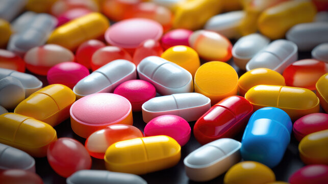 Close-up view of vibrant capsules and tablets, creating a striking image for pharmaceutical promotions. Generative AI