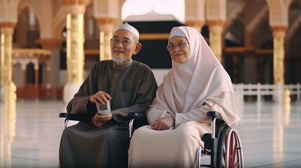 Muslim couples with dissability sitting in wheelchair and holding Quran with view of Kaaba